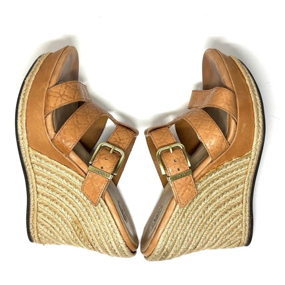 UGG Lucianna Wedge Sandals‎ Womens 9 Tan Leather Espadrille Platform Boho Summer